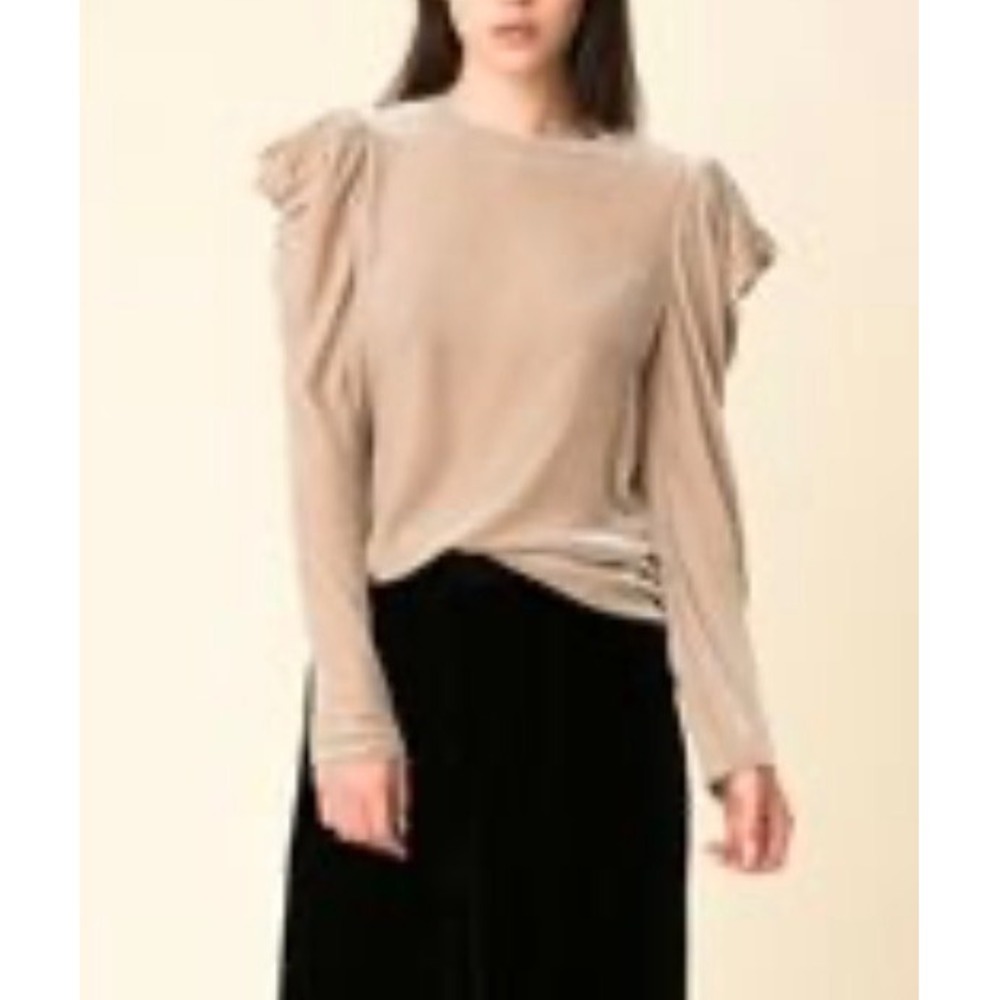 TIBI Velvet Silk Long Sleeve Top Size 2 Champagne Beige Gathered Shoulder